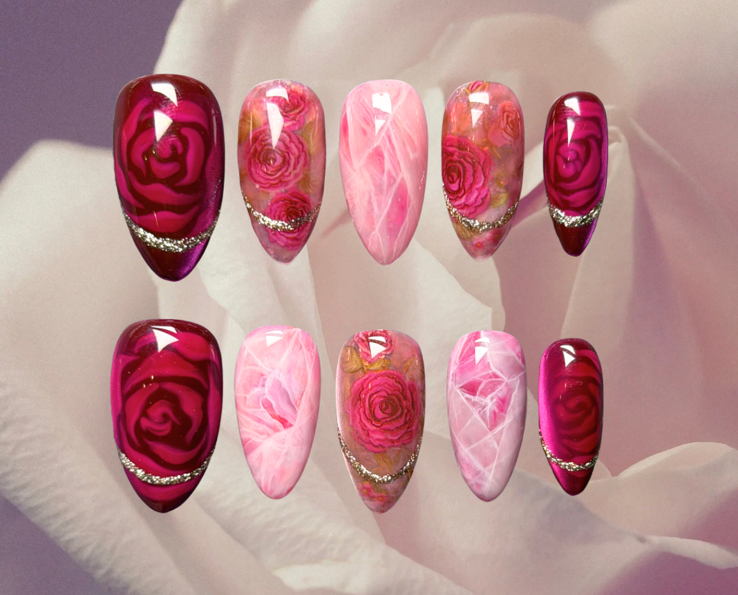 Luxury press-on nails of hyperrealistic crystal design featuring rose quartz, rhodolite, pink chalcedony 
