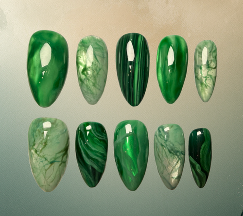 Luxury press-on nails of hyperrealistic crystal design Including moss agate, malachite, jade