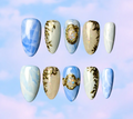 Luxury press-on nails of hyperrealistic crystal design featuring Opal, celestite, angelite