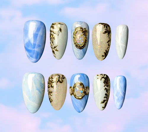 Luxury press-on nails of hyperrealistic crystal design featuring Opal, celestite, angelite
