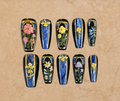Luxury press-on nails with Florentine floral art with lapis lazuli blue and gold accents